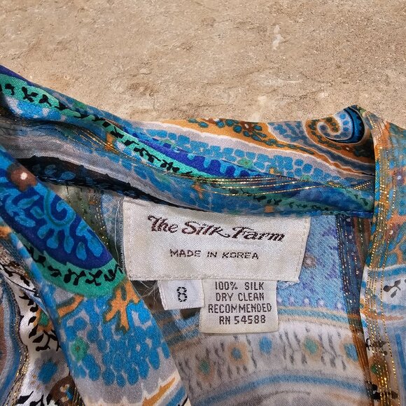 Vintage The Silk‎ Farm Paisley Silk Blouse Gold Metallic Thread Bow Size 8 - Picture 4 of 7